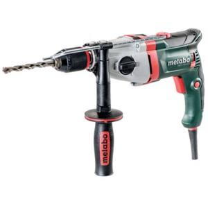 Metabo Schlagbohrmaschine SBEV 1100-2 S, grün-schwarz, mit Bohrfutter und Zusatzhandgriff.