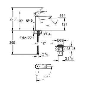 Disegno tecnico: Miscelatore lavabo Grohe QuickFix Start, M-Size, nero opaco, con dimensioni.