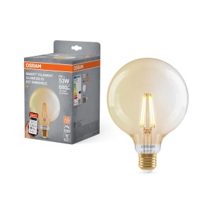 Lampadina LED Osram Matter E27 a globo, dimmerabile, 6W, aspetto dorato. Luce Smart+ per illuminazione d'atmosfera.