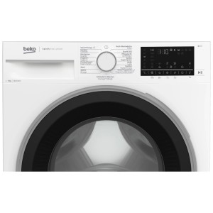 Lave-linge frontal Beko WM325 blanc, 9 kg, panneau de commande et porte noire. 1400 tr/min.