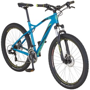 Mountain bike blu Prophete Graveler in alluminio da 27,5 pollici con forcella ammortizzata e cambio.