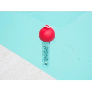 Thermomètre de piscine flottant Steinbach avec boule rouge dans l'eau.