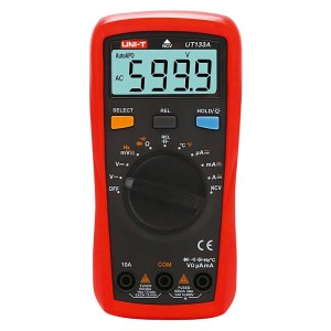 Multimètre numérique rouge Uni-T CAT III 600V/10A pour tension, courant, résistance et température.