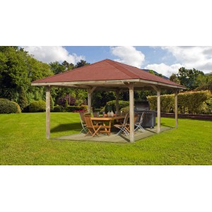 Weka Padiglione Gartenoase 651 B con tetto rosso, tavolo, sedie e grill in giardino.