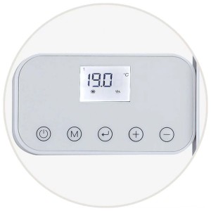 Pannello di controllo digitale del radiatore bagno Kibernetik BR750W. Mostra 19.0 °C, antigelo, modalità riscaldamento, tasti.