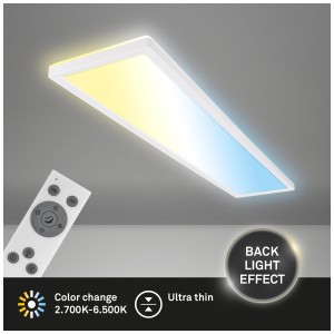 Panneau LED Briloner blanc dimmable avec télécommande, montrant différentes températures de couleur.