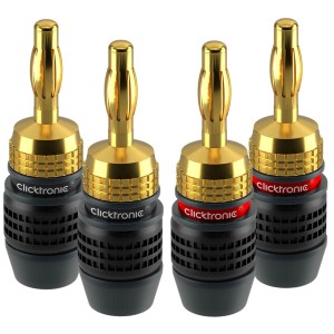 Clicktronic Bananenstecker, 4er-Set, schwarz-gold, für Lautsprecherkabel.