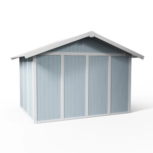 Abri de jardin Grosfillex Utility 7,5 m² gris-bleu : abri en plastique avec double porte et toit à deux pentes.