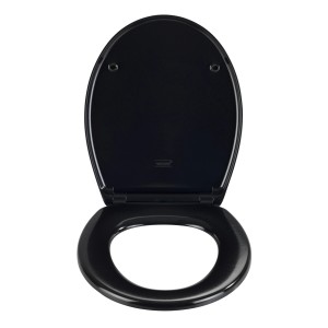 Sedile WC nero Wenko Vorno Neo in duroplast con coperchio aperto.
