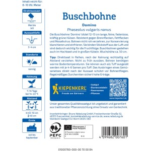 Semi di fagiolino nano Domino Kiepenkerl: confezione con info su semina, raccolto e caratteristiche.