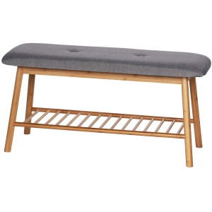 Banc à chaussures Wenko Bahari en bambou avec coussin gris et étagère pour 4 paires.