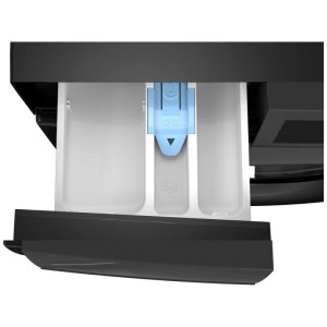 Cassetto del detersivo di una lavatrice Sharp nera (12 kg).