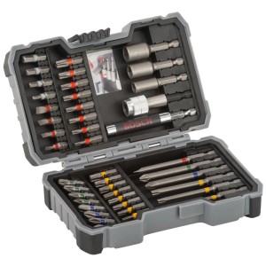 Jeu de 43 embouts de vissage Bosch Promoline dans un coffret gris ouvert avec des embouts à code couleur.