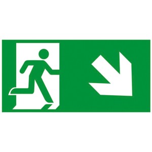 Panneau de sortie de secours vert avec pictogramme blanc : personne courant, escalier, flèche droite/bas.