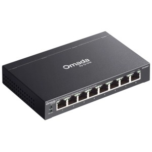 TP-Link Omada ES208GP : Switch réseau Gigabit PoE+ 8 ports dans un boîtier métallique noir.