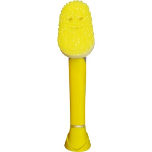 Spazzola per piatti Dish Daddy gialla con spugna e dispenser di sapone.