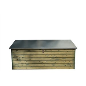 Coffre de jardin en bois traité autoclave avec couvercle en métal. Idéal pour le rangement dans le jardin.