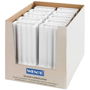 Humidificateur Wenko Linien en céramique blanc, gros plan dans la boîte.