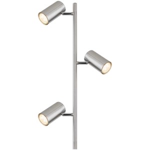 Lampada da terra a LED moderna in nichel opaco con tre faretti GU10 per un'illuminazione flessibile.