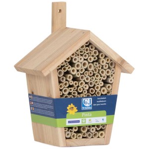 Maison à insectes en bois Pinta pour abeilles solitaires, 19,7x17x11cm, remplie de tubes.