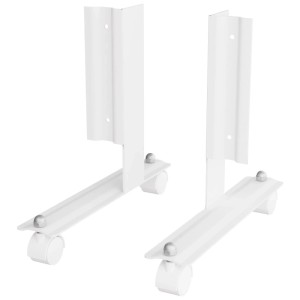 Deux supports Hombli en acier blanc avec roulettes pour panneaux chauffants infrarouges. Pour chauffages mobiles.