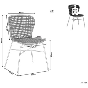Schizzo: Sedia da pranzo Beliani Elfros in rattan marrone, set da 2 con dimensioni e carico massimo.
