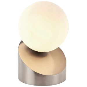 Moderne LED-Tischleuchte Alisa in Nickel mit Glaskugel, 16 cm hoch. Design-Tischlampe für gemütliches Licht.