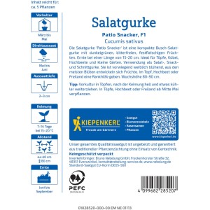 Graines de concombre Kiepenkerl Patio Snacker F1 : Emballage avec des informations sur la culture et la récolte des concombres.
