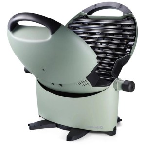 Grill elettrico Nomadiq E-BBQ in cemento, aperto. Grill compatto e portatile per balcone e viaggi.