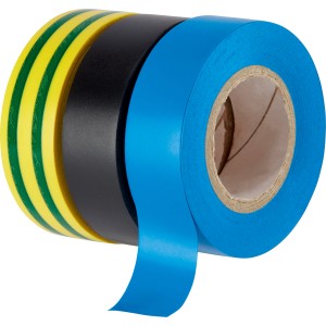Set nastro isolante, 3 pezzi: nero, blu e verde-giallo. Nastro in PVC per installazioni elettriche.
