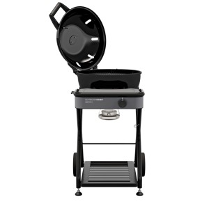 Barbecue à gaz Outdoorchef Ambri 480 G EVO Plus avec couvercle ouvert et chariot.
