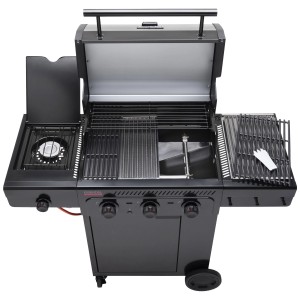 Barbecue à gaz noir Char-Broil Essential 3 G avec brûleur latéral et couvercle ouvert.