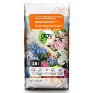 Sac de terreau pour hortensias et rhododendrons GROW by OBI, sans tourbe, 45 l. Terre spéciale pour plantes de terre de bruyère.
