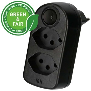 Adaptateur de prise noir Max Hauri avec interrupteur, rotatif, 2 prises T13, en RE-Plastic.
