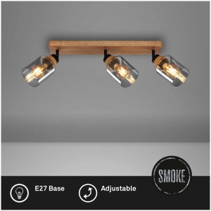 Briloner Spotleuchte mit 3 Rauchglas-Spots, Holz-Element und schwarzem Metall, dreh- und schwenkbar.