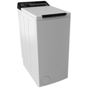 Lave-linge top Beko WTL370 blanc, 7 kg, 1200 tr/min. Étroit, pose libre avec panneau de commande noir et écran.