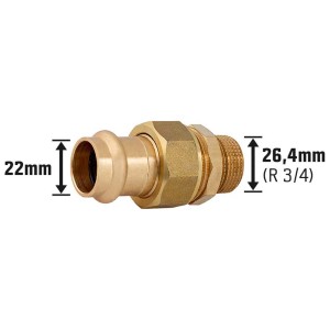 Raccordo a pressare in bronzo rosso, 22 mm x 26,4 mm (R 3/4), per tubi in rame.