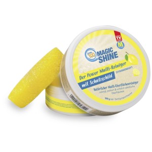 Pure 100 Magic Shine nettoyant multi-surfaces au citron avec éponge de nettoyage jaune.