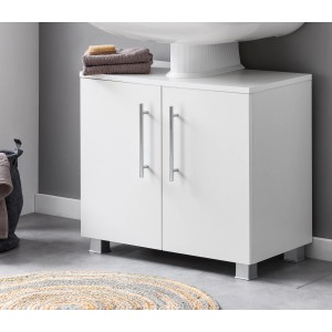 Meuble sous-vasque blanc Badmobil (60 cm) avec deux portes et poignées argentées.