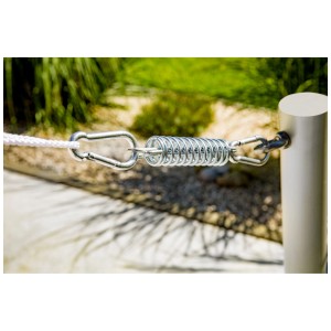 Molla di tensione Windhager in acciaio (Ø 3,5 cm, lunghezza 11 cm) per fissare una vela ombreggiante.