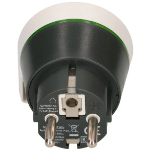 Reiseadapter USA/Europa, weiß-schwarz, 250V, Rückansicht mit Stecker.
