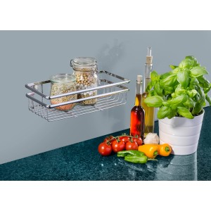 Étagère universelle chromée Wenko Style avec deux bocaux et ustensiles de cuisine.