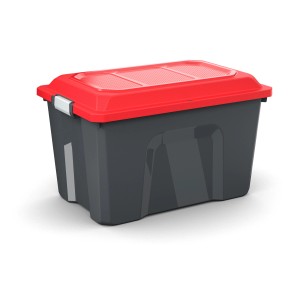 Rotho Aufbewahrungsbox Locker, 60 l, grau/rot, mit Deckel und Klickverschlüssen.
