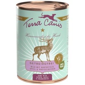 Terra Canis Hunde-Nassfutter Getreidefrei Wild, 400g Dose mit Reh-Motiv.