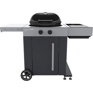 Barbecue a gas Outdoorchef Arosa 570 G Evo grigio con ripiani laterali e ruote.