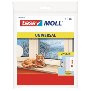 Emballage du joint en mousse Tesamoll Universal profil I, blanc, 10 m, avec chat à la fenêtre.