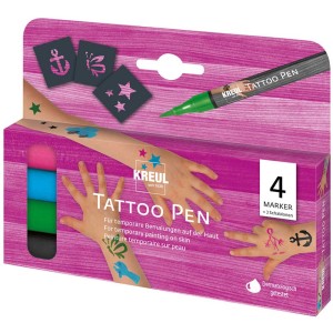 Kreul Tattoo Pen set de 4 avec pochoirs. Feutres pour la peau en rouge, violet, henné et noir pour tatouages temporaires.