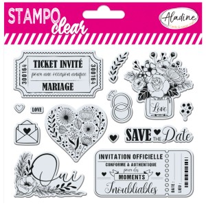 Aladine Clear Stamp Set Hochzeit Ticket mit Hochzeitsmotiven für Karten und Scrapbooking.