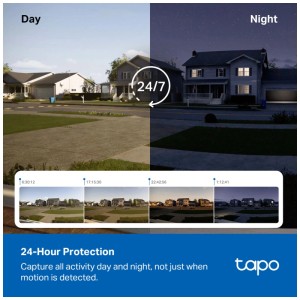 Tapo C660 Überwachungskamera mit Solarpanel: Tag- und Nachtansicht eines Hauses.