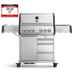 Burnhard Big Earl Gasgrill mit 4 Brennern aus Edelstahl, mit Seitenbrennern und Schubladen.